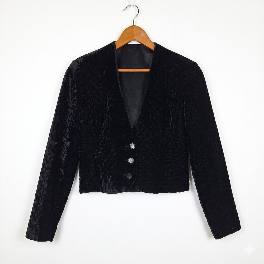 Vtg Anthony Muto Black Quilted Velvet Cropped Jacket Blazer Evening Party Sz 6